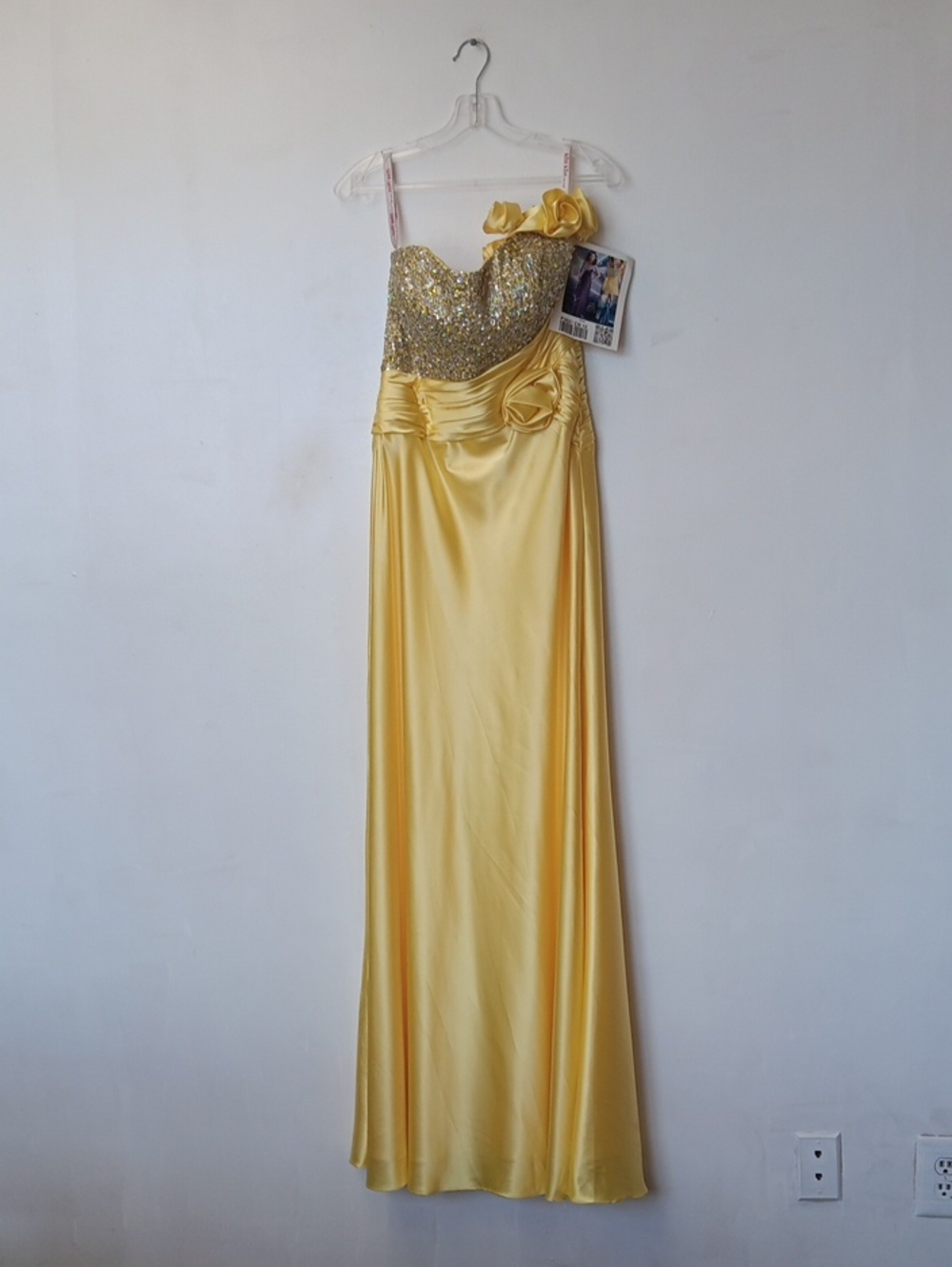Yellow Beaded Satin Maxi Dress with Floral Accent